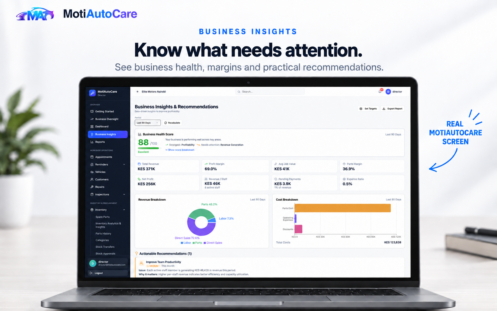 Business insights dashboard with health score, margins and recommendations